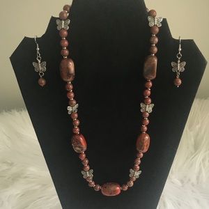 Natural red Jasper gem stone necklace and earring